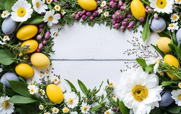Fototapeta Easter background with Easter eggs on white table, flower arrangement, flower frame with plants, generated IA 