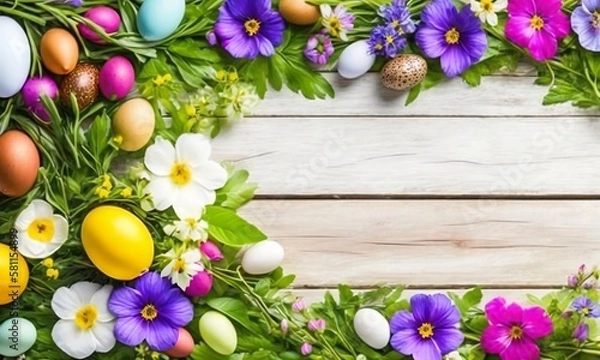 Fototapeta flowers and eggs decoration with AI generated white table background