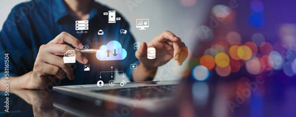 Fototapeta Internet cloud computing technology and online data storage for transferring backup file. Document Management System (DMS) with FTP (File Transfer Protocol) for information technology banner.