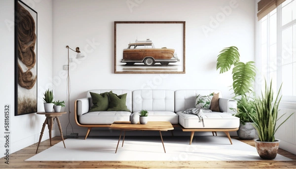 Fototapeta Illustration of Modern Living Room with Large Window, Generative AI.