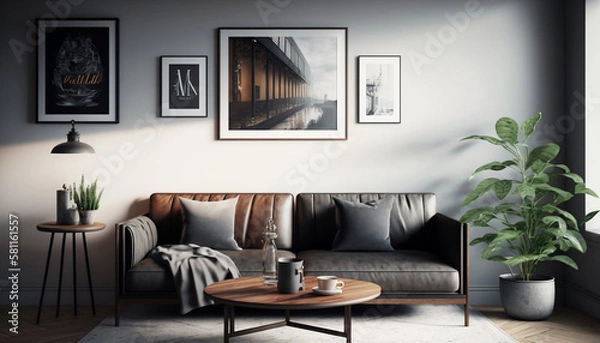 Fototapeta Modern Living Room with Expansive Window Art, Generative AI.