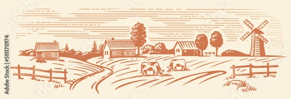 Obraz Rural landscape, agriculture farm vector. Cows