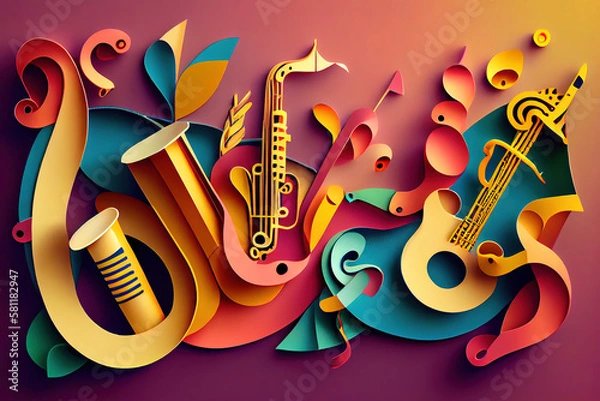 Fototapeta Excellent paper cut craft style music composition of saxophone guitar trumpet violin music instruments. Generative Ai