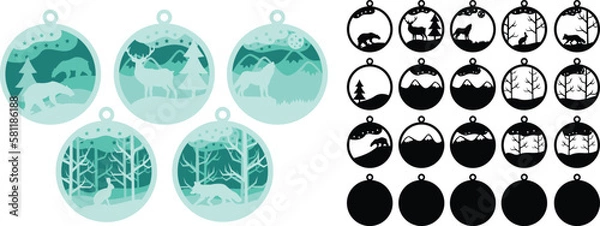 Obraz Chrismass boll with animals in forest. Laser cut for paper and wood