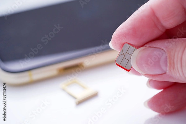 Fototapeta Person inserting a sim card into back of mobile phone, Sim card in tray being inserted into phone,