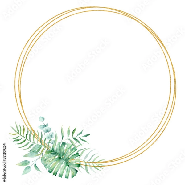 Obraz Exotic watercolor tropical wreath border palm tree. Summer clipart illustration.