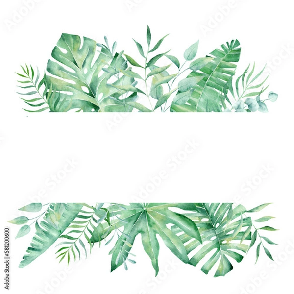 Obraz Exotic watercolor tropical frame border palm tree. Summer clipart illustration.