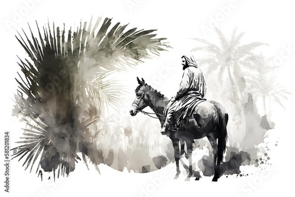 Fototapeta Background of Jesus into Jerusalem, with palm branches. White Background. Wallpaper illustration. Copy space for text information or content. Palm sunday, christianity, easter. Generative AI
