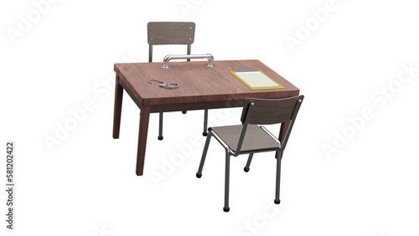 Fototapeta 3d render metal handcuffs on the interrogation table with clipboard on the white background