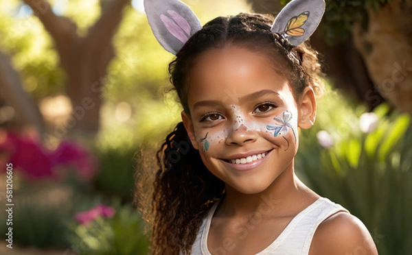 Fototapeta Smiling girl celebrating Easter created with Generative AI technology