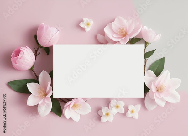 Fototapeta Blank paper card between flowers top view, wedding or greeting card mockup. Generative AI