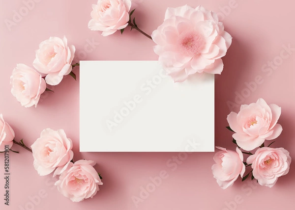 Fototapeta Blank paper card between flowers top view, wedding or greeting card mockup. Generative AI