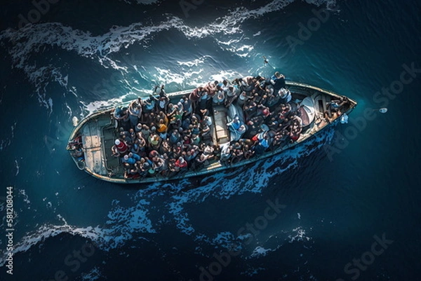 Fototapeta A boat full of migrants in the middle of the ocean