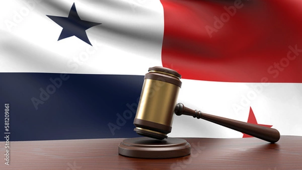 Fototapeta Panama country national flag with judge gavel hammer on court desk concept of constitutional law and justice based on wood desk table 3d rendering image