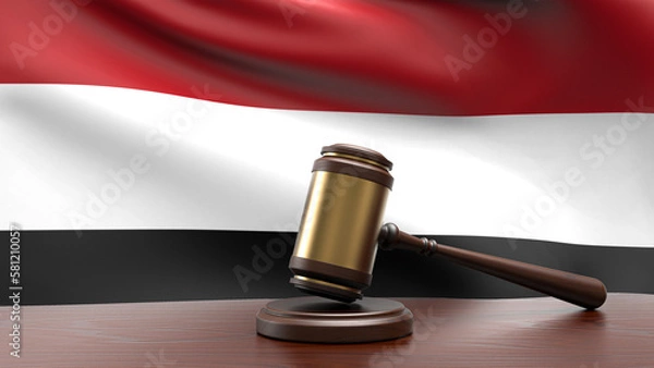 Fototapeta Yemen country national flag with judge gavel hammer on court desk concept of constitutional law and justice based on wood desk table 3d rendering image