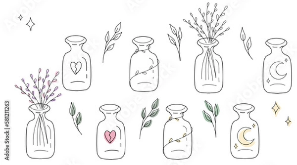 Fototapeta Vector set of esoteric vials. Branch, moon, lavender. Vector illustration