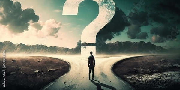 Obraz large question mark looming over person standing at crossroads pondering which path to take, concept of Indecision and Uncertainty, created with Generative AI technology