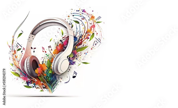 Fototapeta Headphones. flower composition. Banner. copy space. AI generated