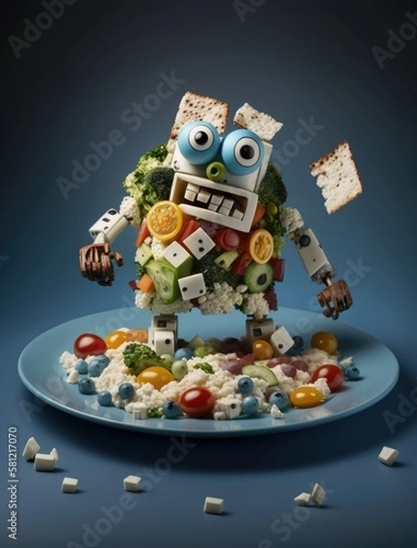 Fototapeta Kid-friendly Cobb Salad, funny cobb salad  salad in the shape of the robot 