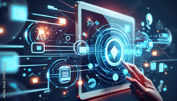 Fototapeta A virtual Smart Device with icons and connection line for data exchange from globalization innovation technology Digital contents concept Communication network - Generative AI