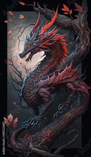 Fototapeta chinese terrible red dragon on fantasy forest 