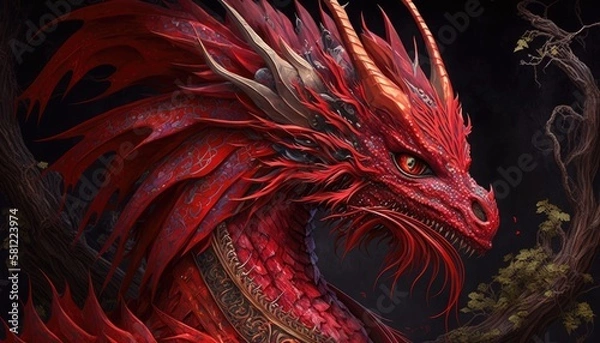 Fototapeta chinese terrible red dragon on fantasy forest 