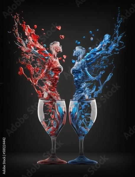 Fototapeta Splash of wine in the glass and the love of two wine glasses for each other