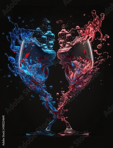 Fototapeta Splash of wine in the glass and the love of two wine glasses for each other