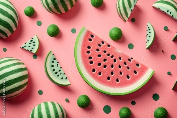 Fototapeta Pattern with ripe watermelon slice on pink background. AI generation