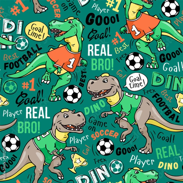 Obraz Art. Football pattern on a green background. Cute dinosaur plays soccer. Print on a green background. Design for kids.  prints, nursery closing, fabrics. Vector illustration. T-rex dinosaur