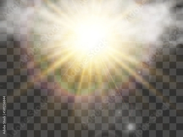 Fototapeta Vector illustration of the sun shining through the clouds. Sunlight. Cloudy vector.