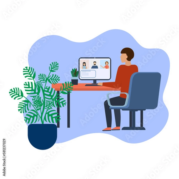 Obraz The girl works at the computer in the office. Vector illustration.