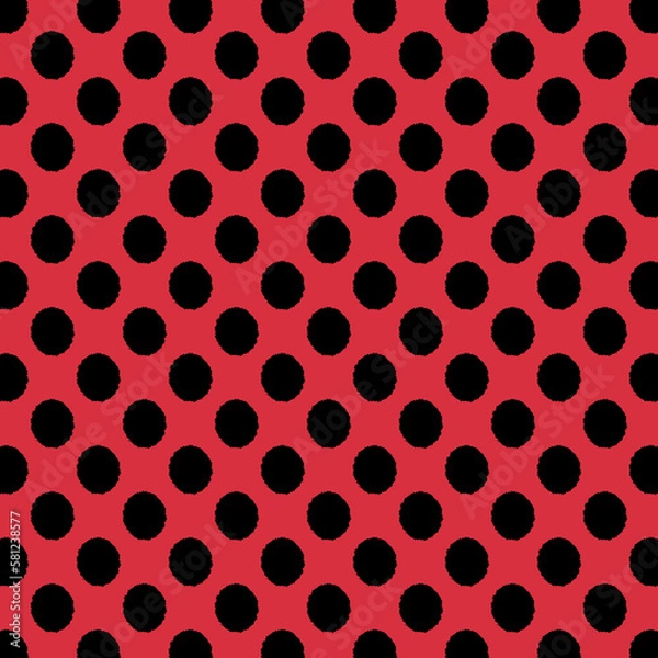 Fototapeta Seamless Backdrop with big Polka Dot pattern. Polka dot fabric. Casual stylish black polka dot texture on coral background. Abstract and textures.