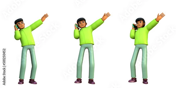 Fototapeta 3D ILLUSTRATION RENDERING. PORTRAIT SMILLING MAN CUTE CARTOON CHARACTER YOUNG MALE MODEL STANDING ON ISOLATED WHITE BACKGROUND. MINIMAL HUMAN TALKING ON MOBILE SMART PHONE.