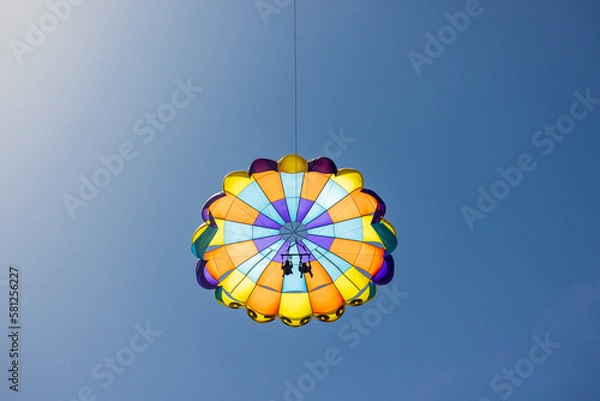 Fototapeta A parasailer floats in the sky with a cloudless blue background