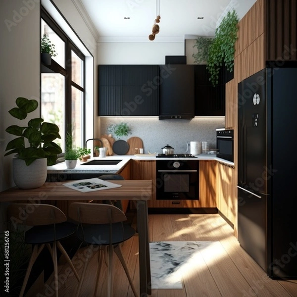 Fototapeta 3d rendering modern dark wood kitchen Generative AI
