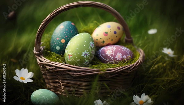 Fototapeta colorful easter eggs in a basket on a green madow