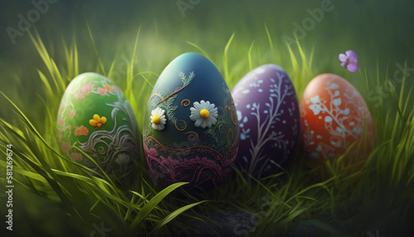Fototapeta colerful easter eggs in grass on a green madow
