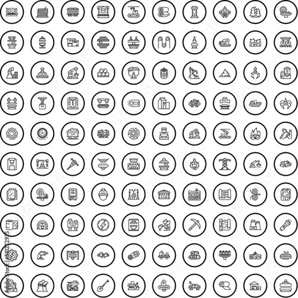 Fototapeta 100 factory icons set. Outline illustration of 100 factory icons vector set isolated on white background