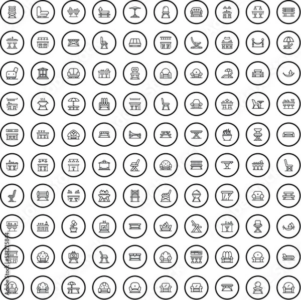 Fototapeta 100 furniture icons set. Outline illustration of 100 furniture icons vector set isolated on white background