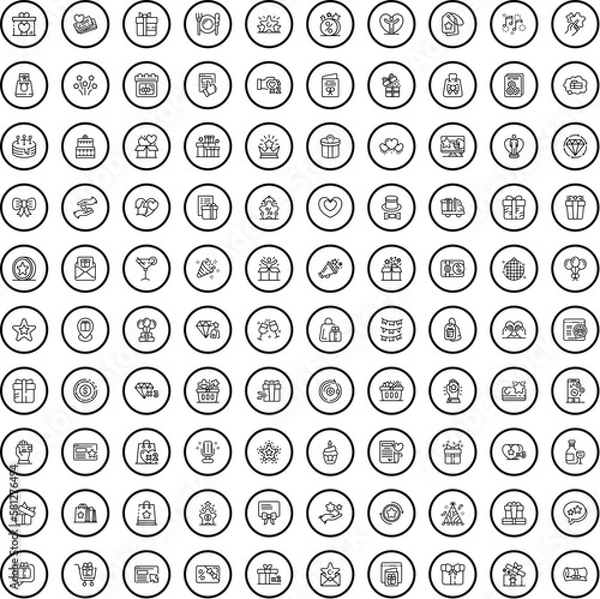 Fototapeta 100 gift icons set. Outline illustration of 100 gift icons vector set isolated on white background