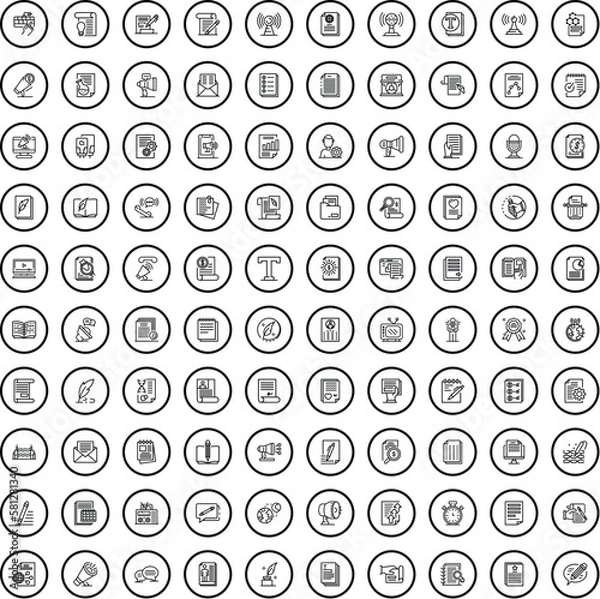 Fototapeta 100 mass media icons set. Outline illustration of 100 mass media icons vector set isolated on white background
