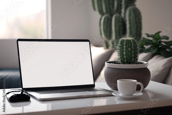 Fototapeta Laptop cactus and coffee cup on a white table in a bright living room, Generative AI	