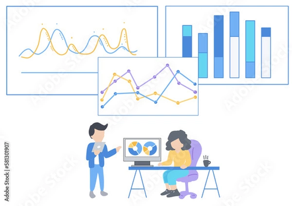 Fototapeta flat design woman working data analytics business and finance chart on computer. marketing planning on computer. data visualization and dashboard concept.