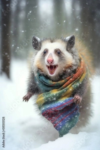 Obraz A Beautiful Cheerful Funny Encounter in a Winter Wonderland: A Possum Animal in a Long Colorful Scarf Races in Beautifully Snowy Serene Glacial Pine Forest (generative AI)