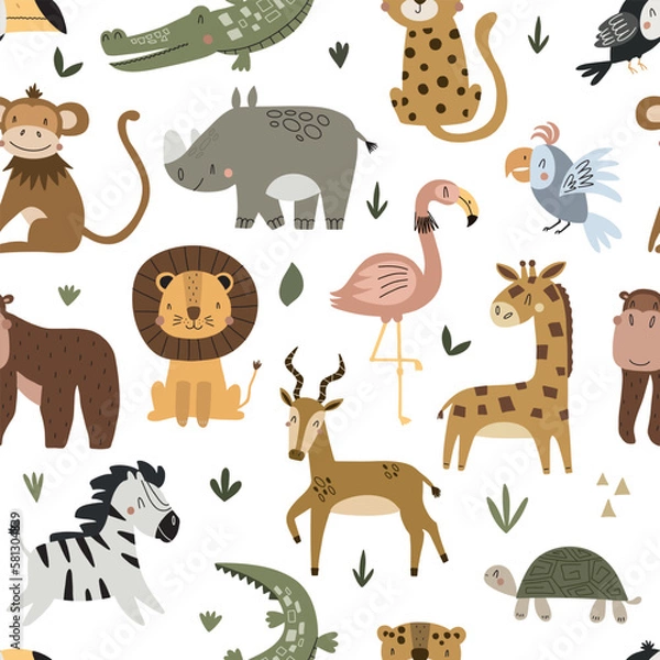 Fototapeta Seamless pattern with cute wild animals childish. Animals zoo with lion, zebra, crocodile, cat and giraffe. Suitable for design kid textile, wrapping paper, background. Kids animal characters.