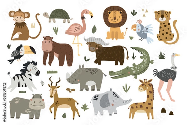 Fototapeta Set of cute African animals in scandinavian style isolated on white background. Vector illustration for the design of textiles, posters, clothes