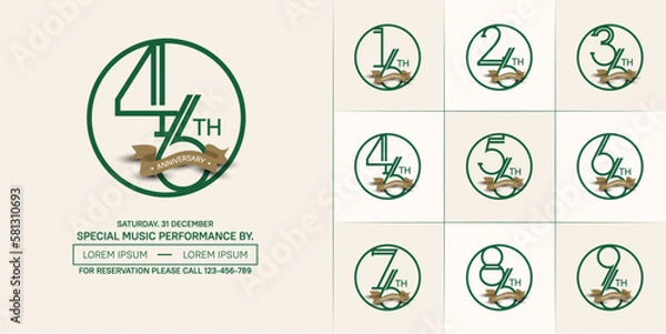 Obraz set of anniversary logotype green color in circle and brown ribbon for special celebration event