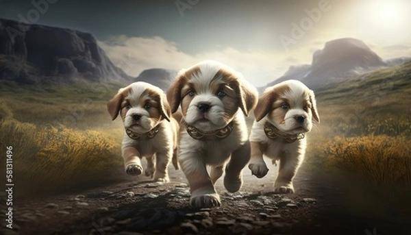 Obraz three adventurous puppies. Created with Generative AI.
