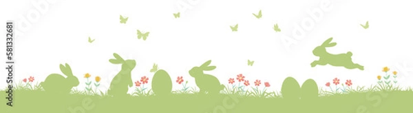 Obraz Easter seamless pattern with bunnies and Easter eggs. easter horizontal background with bunnies, flowers, butterflies and easter eggs .